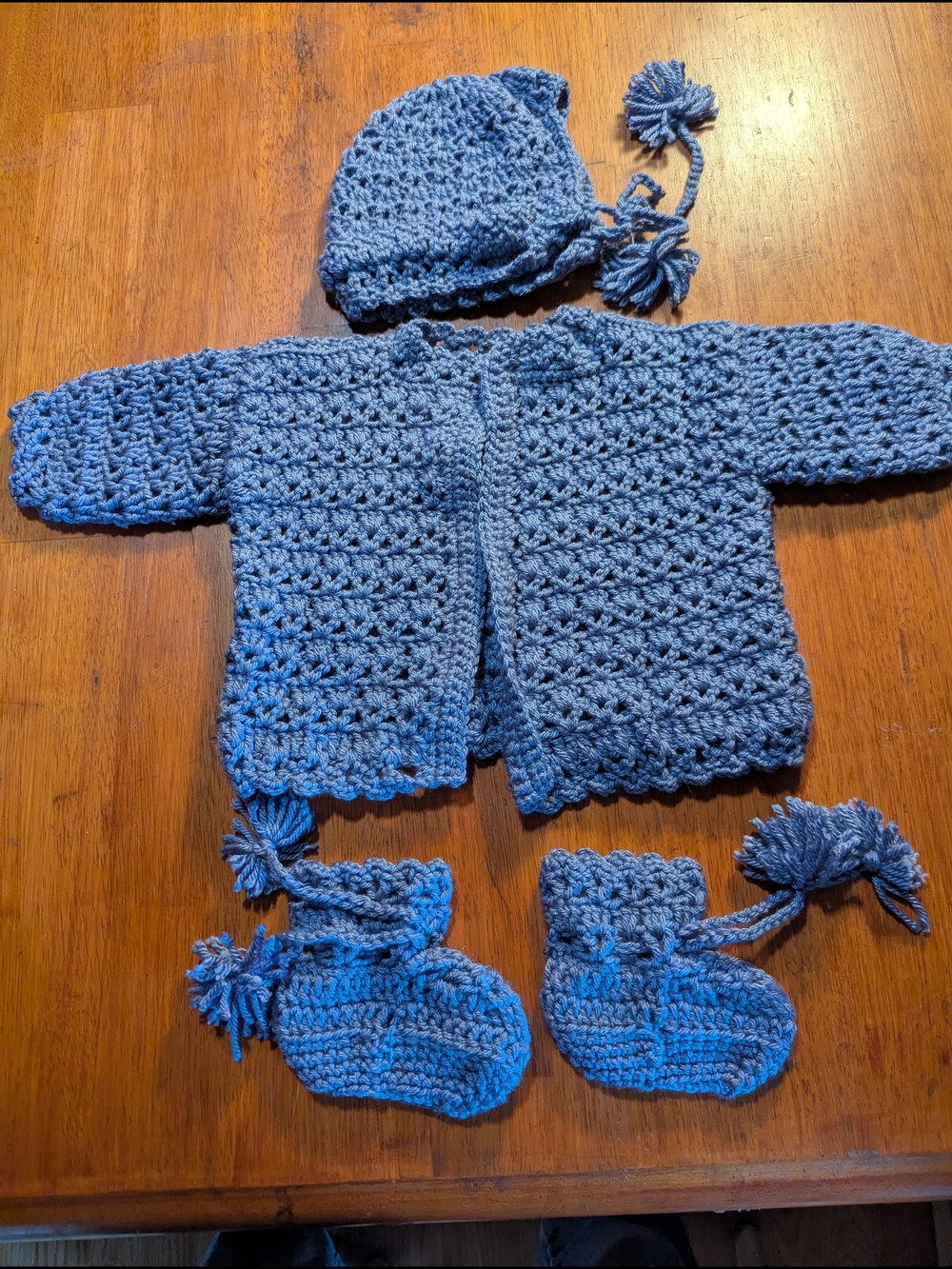 Handmade Lavender Crochet Baby Three-Piece Set with Hat and Booties